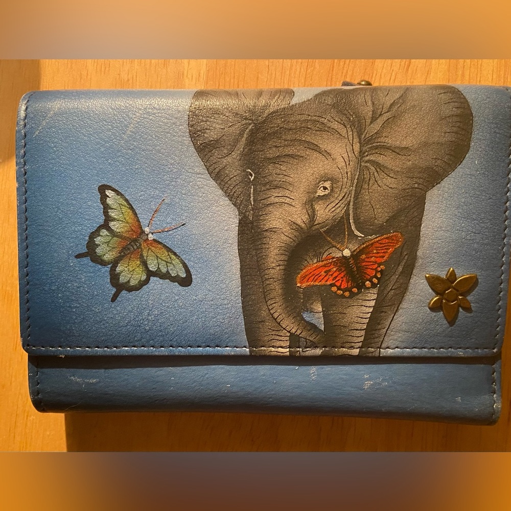 Anuschka Hand-Painted Leather Trifold Wallet with RFID Protection Elephant Love